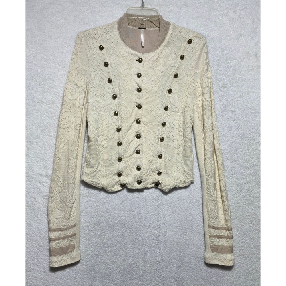 Free People Ivory Floral Jacquard Military Band Jacket Brass Buttons Small
